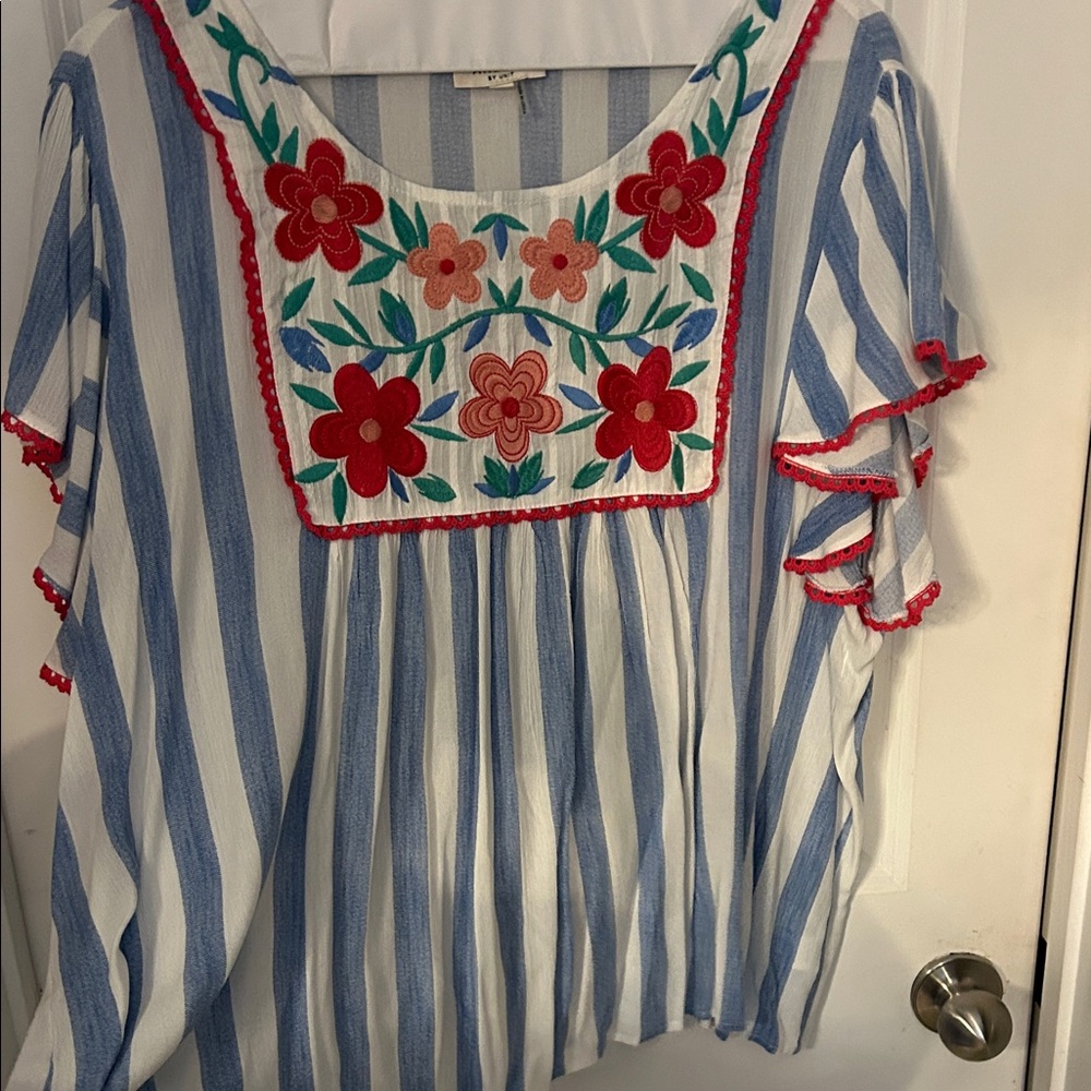 ANDREE BY UNIT Blue and White Striped Blouse with Red Floral Embroidery - Picture 5 of 8